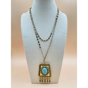 D'Orlan Vintage Faux Turquoise Gold Tone Tassel Pendant Necklace Boho Signed